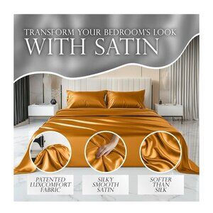 Decolure Satin Bed Sheet Set Gold Full Size 15" Deep Pocket‎